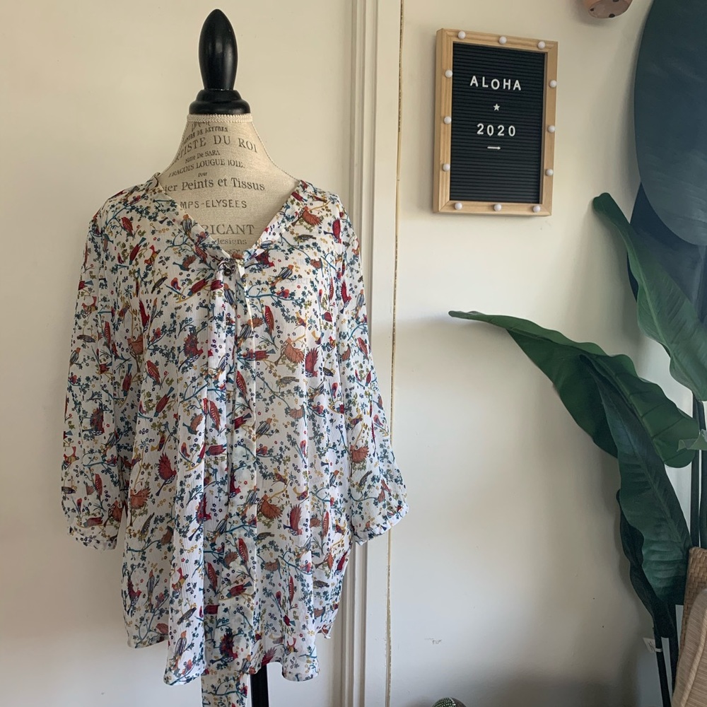 Long Sleeve Bird Patterned Blouse Plus Size